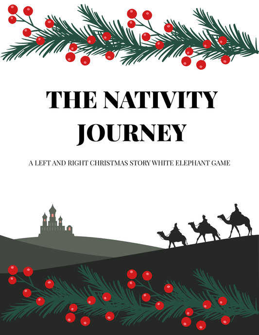 Cover of 'The Nativity Journey' Christmas game with silhouette of three wise men and a temple.