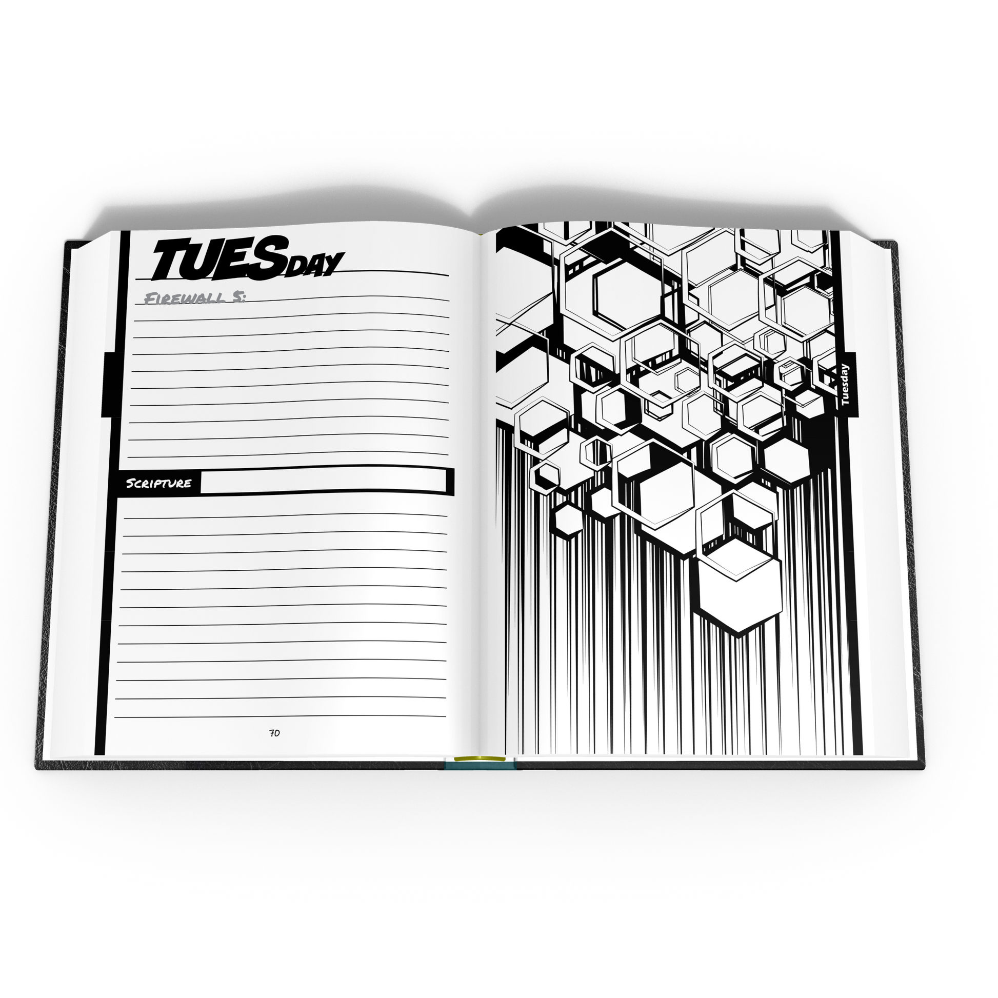 Open book of a Daily Firewall topic with  a geometric tracker design