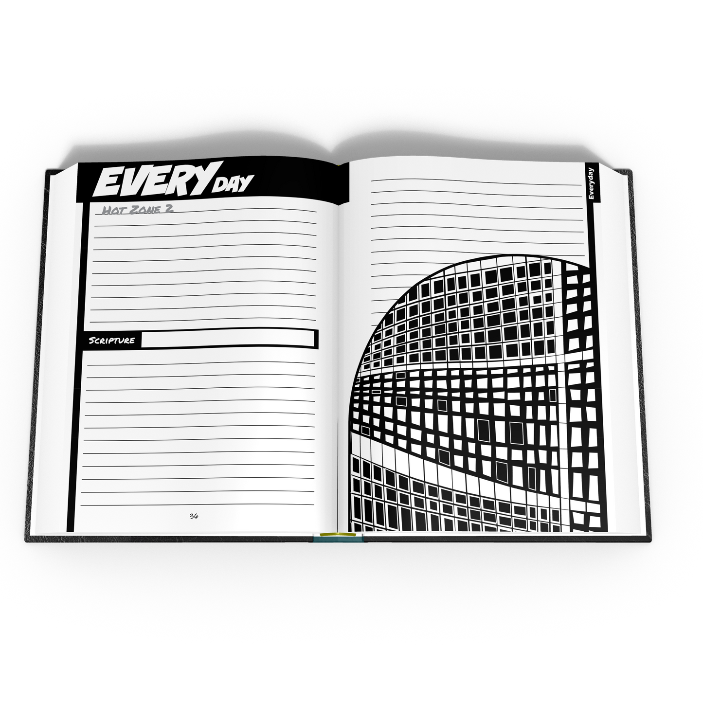 Open book of an 'Every Day' HotZone with a black and white architectural tracker on a white background.