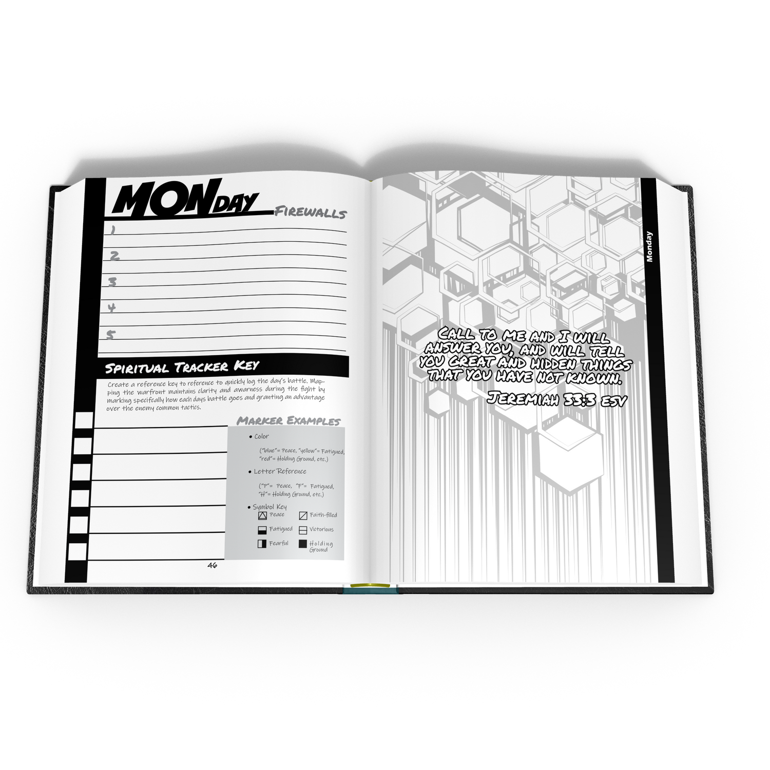 Open book with daily topic planner and spiritual tracker on white background