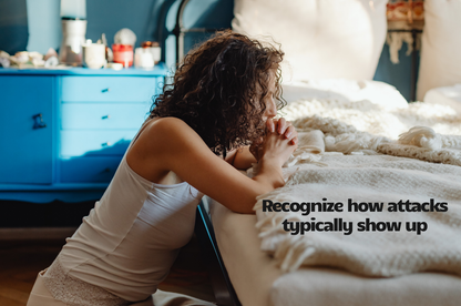 Person kneeling by a bed with text overlay about recognizing attack symptoms