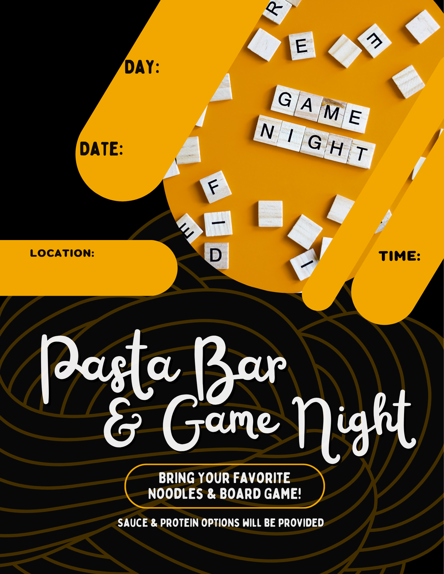 Fillable Event Flyer for Pasta Bar & Game Night with text fields, noodle design, and game pieces.