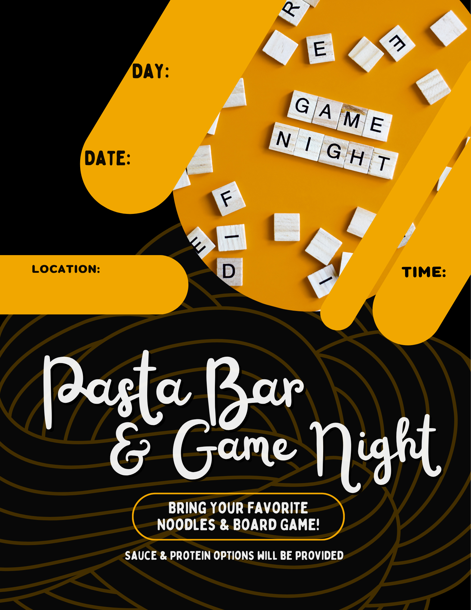 Fillable Event Flyer for Pasta Bar & Game Night with text fields, noodle design, and game pieces.