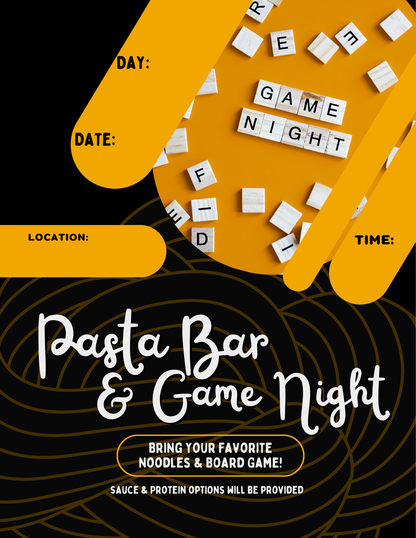 Fillable Event Flyer for Pasta Bar & Game Night with text fields, noodle design, and game pieces.