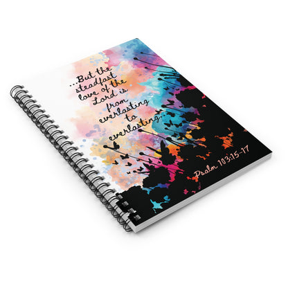 Perspective view of the Everlasting to Everlasting Spiral Christian Journal showing it's finish, edges and vibrant Christian illustration of Psalm 103:15–17 with imagery of delicate blossoms and butterflies.
