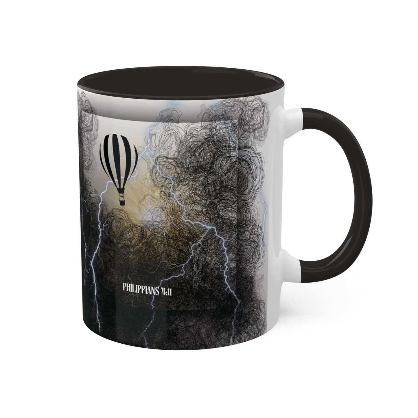 Philippians 4:11 - 'Contentment beyond Circumstance' Scripture Coffee Mugs Black interior and handle, Back view, no background
