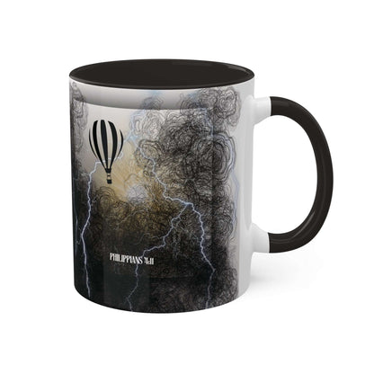 Philippians 4:11 - 'Contentment beyond Circumstance' Scripture Coffee Mugs Black interior and handle, Back view, no background