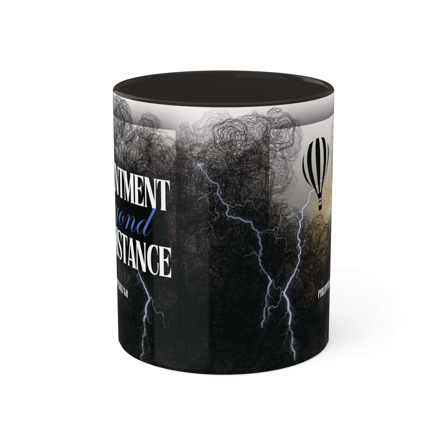 Philippians 4:11 - 'Contentment beyond Circumstance' Scripture Coffee Mugs Black interior and handle, Side view, no background