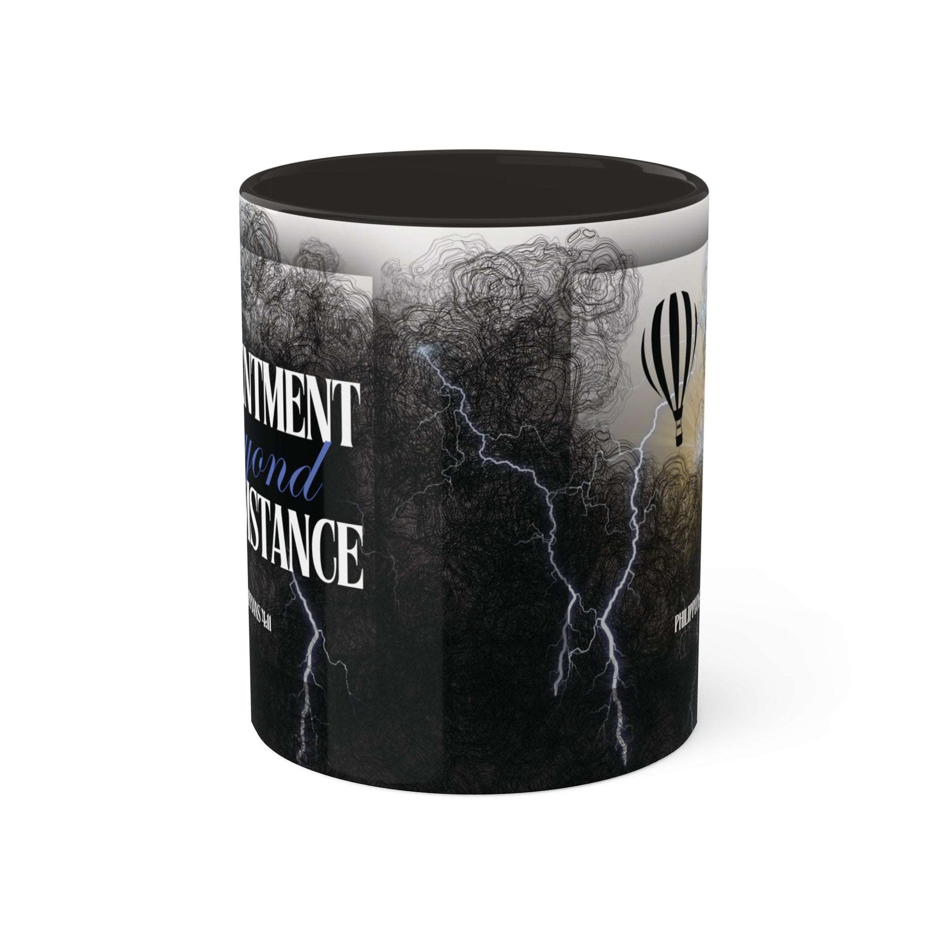 Philippians 4:11 - 'Contentment beyond Circumstance' Scripture Coffee Mugs Black interior and handle, Side view, no background