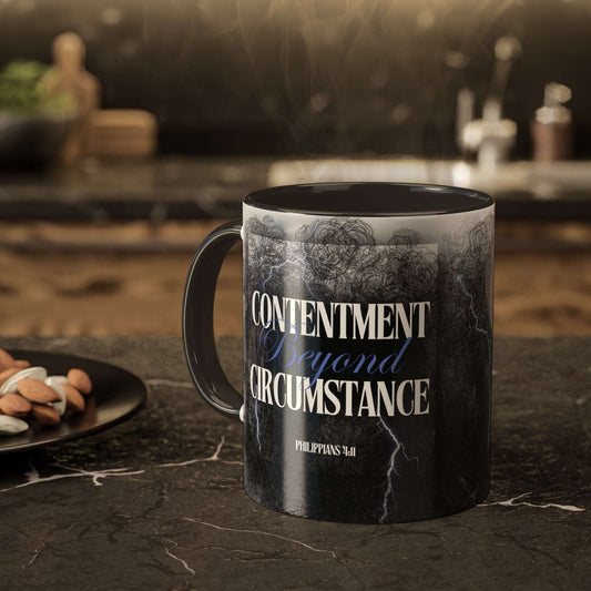 Philippians 4:11 - 'Contentment beyond Circumstance' Scripture Coffee Mugs Black interior and handle, steaming on a kitchen counter
