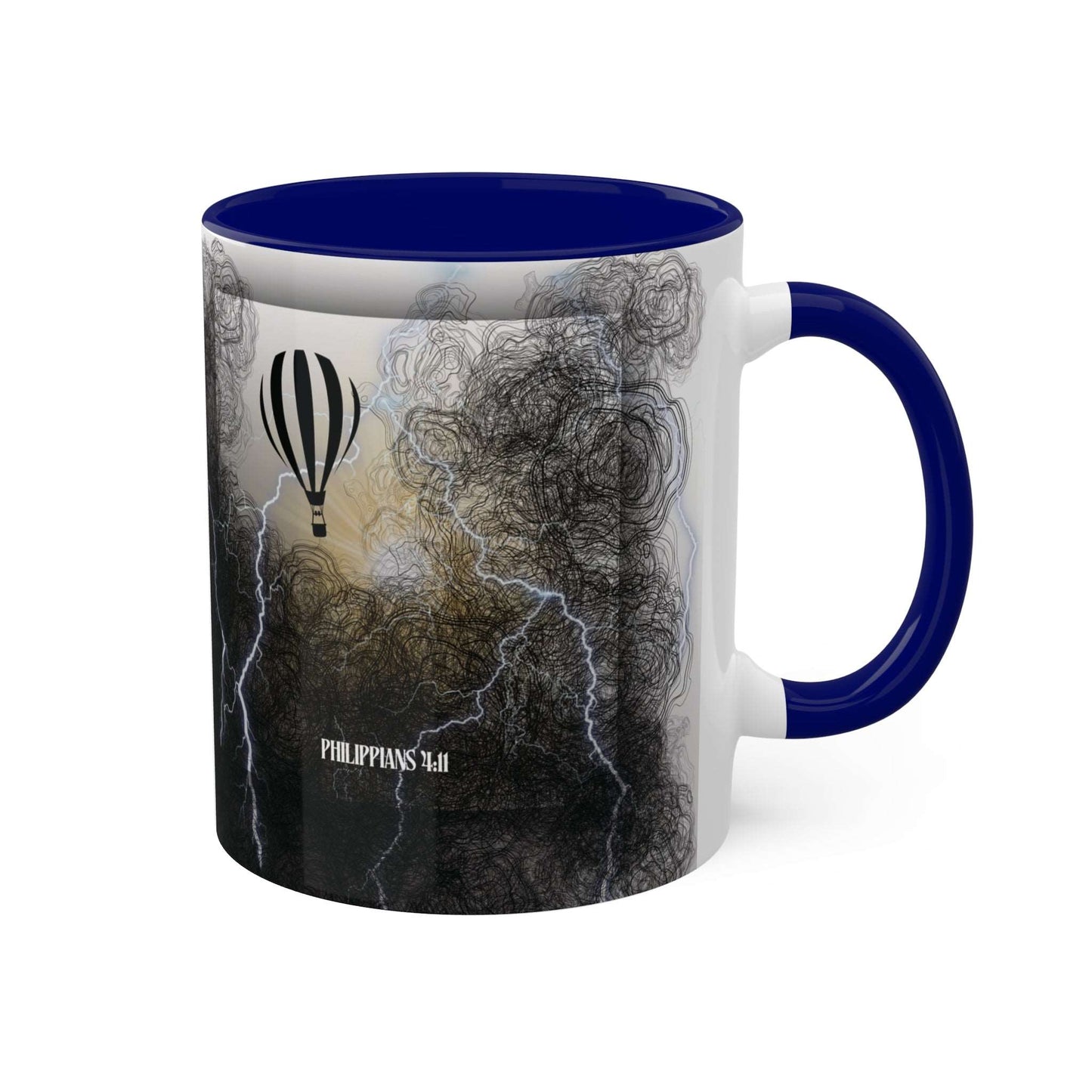 Philippians 4:11 - 'Contentment beyond Circumstance' Scripture Coffee Mugs Blue interior and handle, Back view, no background