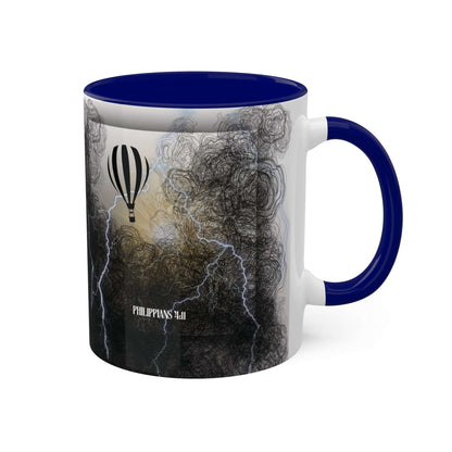 Philippians 4:11 - 'Contentment beyond Circumstance' Scripture Coffee Mugs Blue interior and handle, Back view, no background