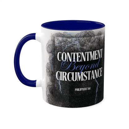Philippians 4:11 - 'Contentment beyond Circumstance' Scripture Coffee Mugs Blue interior and handle, Front view, no background