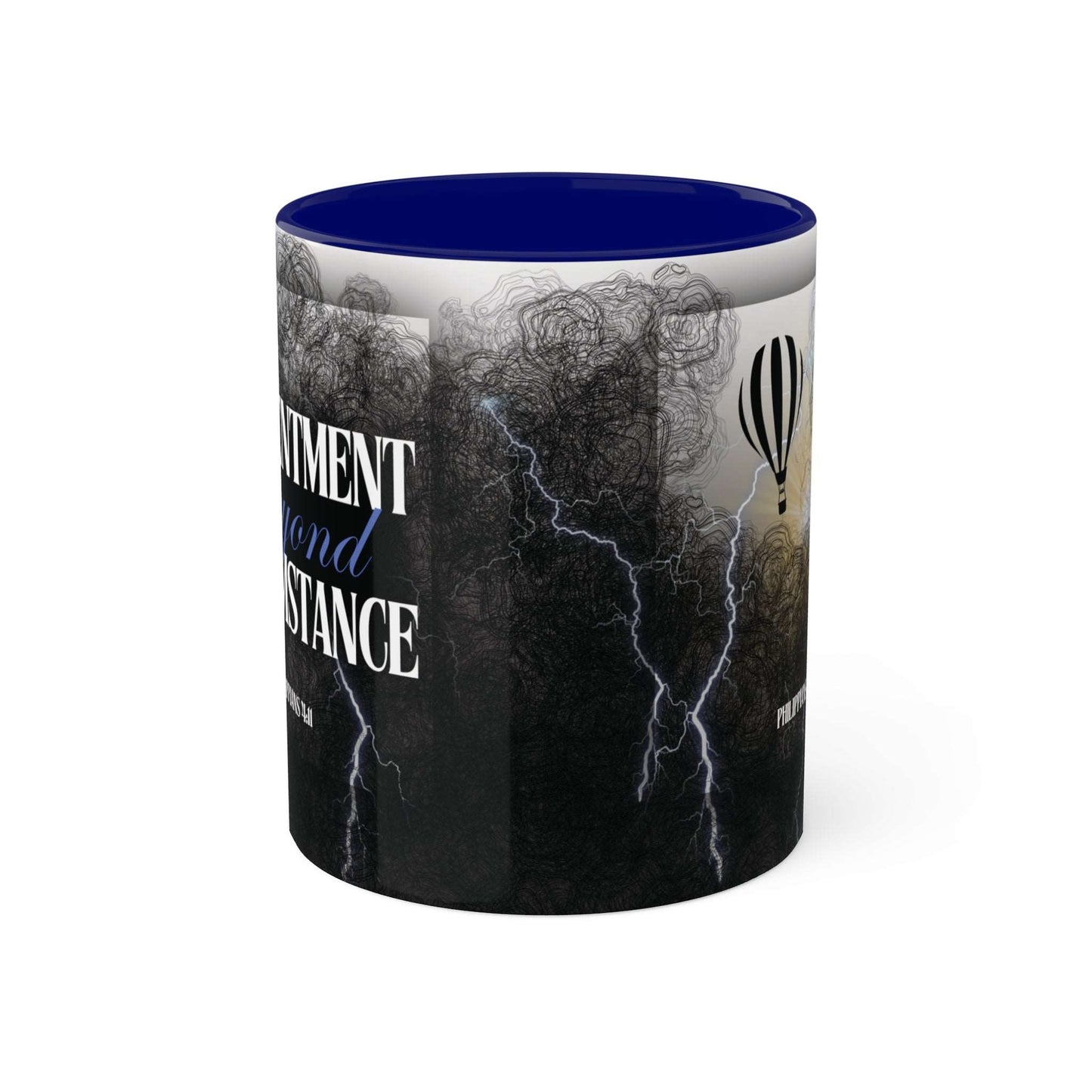 Philippians 4:11 - 'Contentment beyond Circumstance' Scripture Coffee Mugs Blue interior and handle, Side view, no background