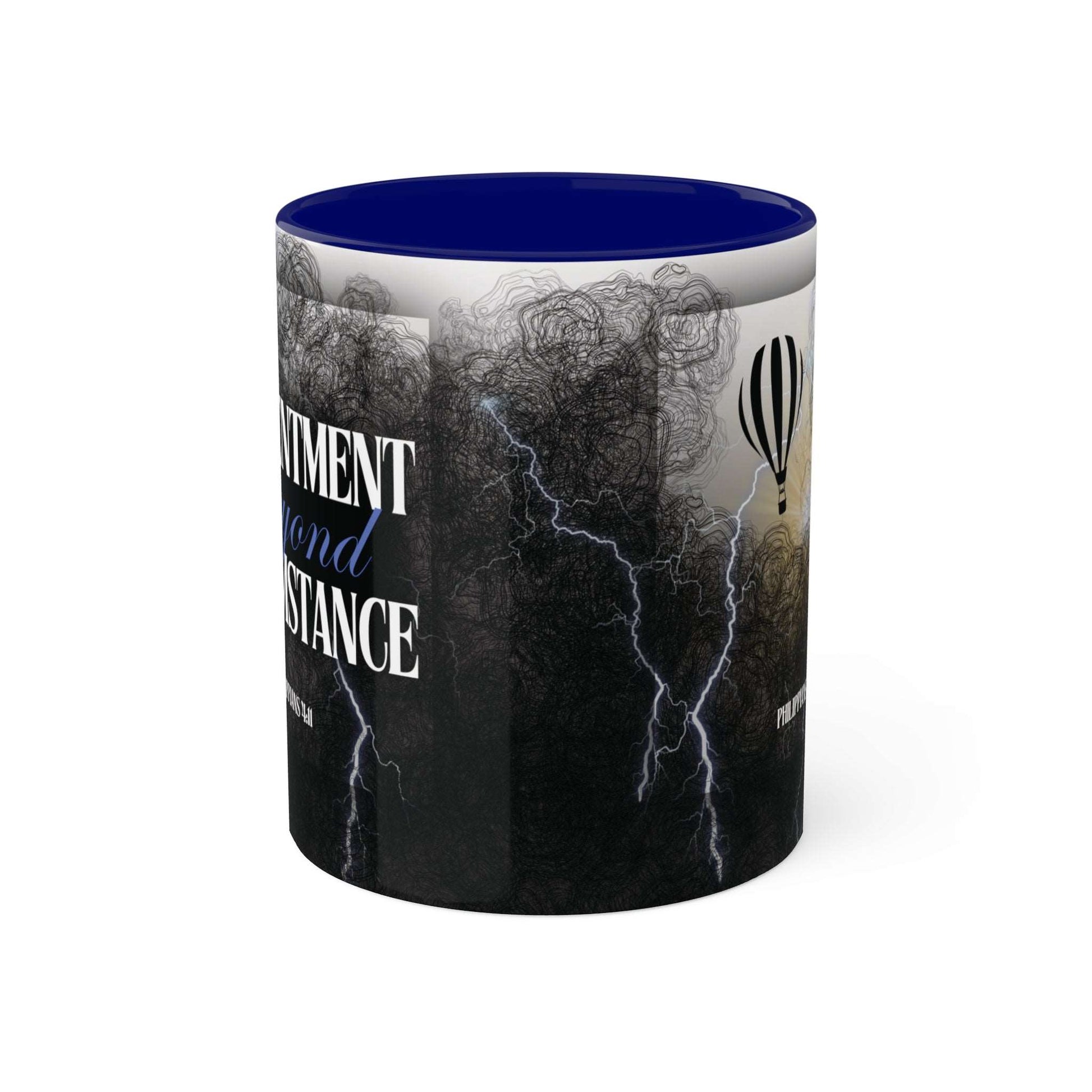 Philippians 4:11 - 'Contentment beyond Circumstance' Scripture Coffee Mugs Blue interior and handle, Side view, no background