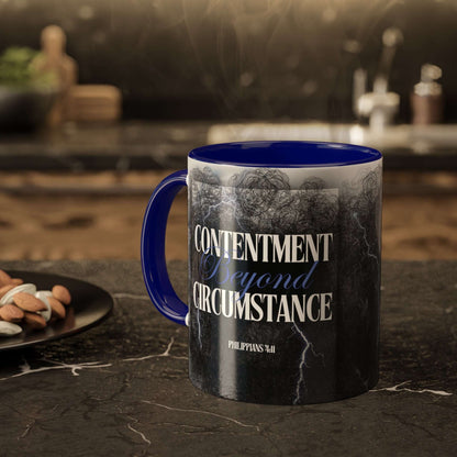 Philippians 4:11 - 'Contentment beyond Circumstance' Scripture Coffee Mugs Blue interior and handle, steaming on a kitchen counter