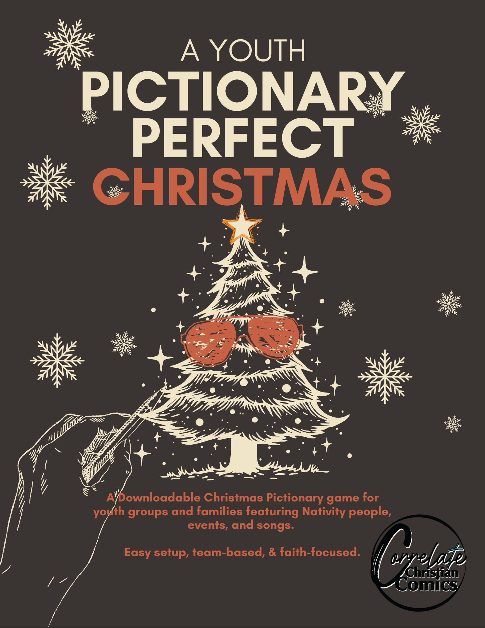 Cover of 'A Youth Pictionary Perfect Christmas' with a Christmas tree and sunglasses design on a dark background.