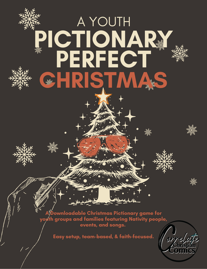 Cover of 'A Youth Pictionary Perfect Christmas' with a Christmas tree and sunglasses design on a dark background.