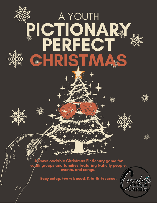 Cover of 'A Youth Pictionary Perfect Christmas' with a Christmas tree and sunglasses design on a dark background.