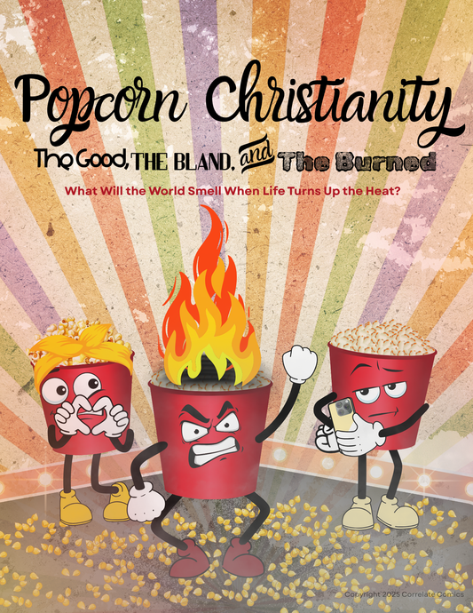 6-week Teenage Devotional Book cover of 'Popcorn Christianity' with cartoon popcorn buckets and text on a colorful striped background.