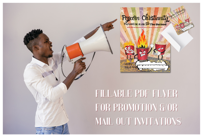 Man holding a megaphone with the customizable 'Popcorn Christianity' pdf flyer displayed on a gray background