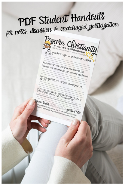 Person holding a 'Popcorn Christianity' worksheet with text overlay about PDF student handouts.
