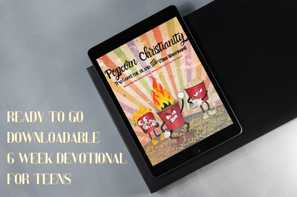Tablet displaying the youth group devotional: 'Popcorn Christianity' on a gray surface