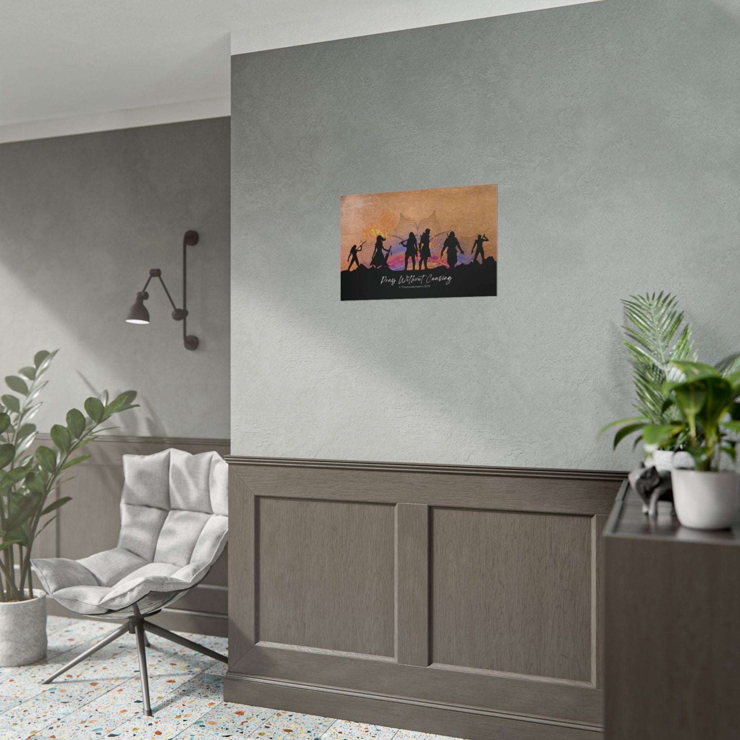 1 Thessalonians 5:17- 'Pray without Ceasing' Christian Art Poster 24x16 size example on wall in living room