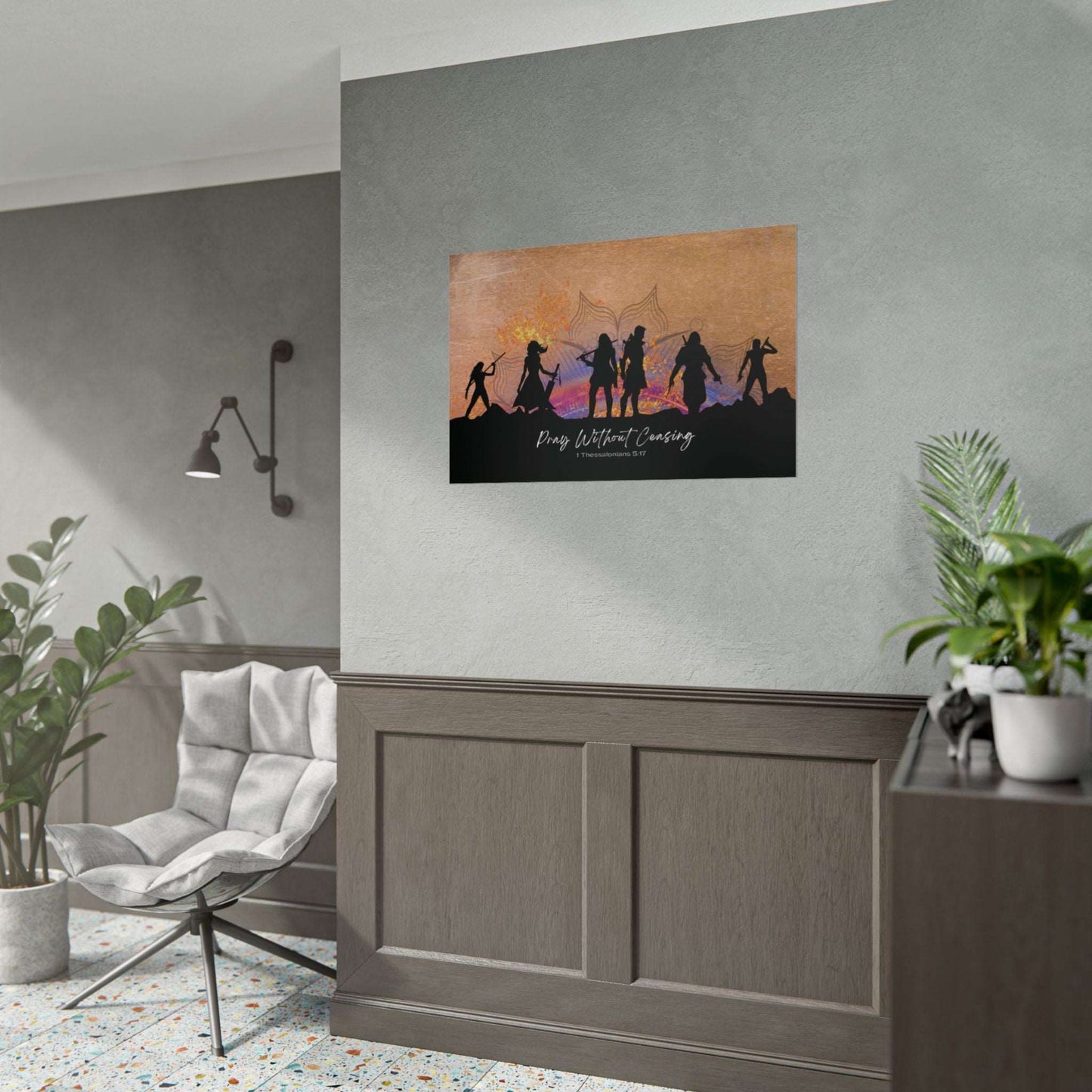 1 Thessalonians 5:17- 'Pray without Ceasing' Christian Art Poster 36 x 24 size example on wall in living room 