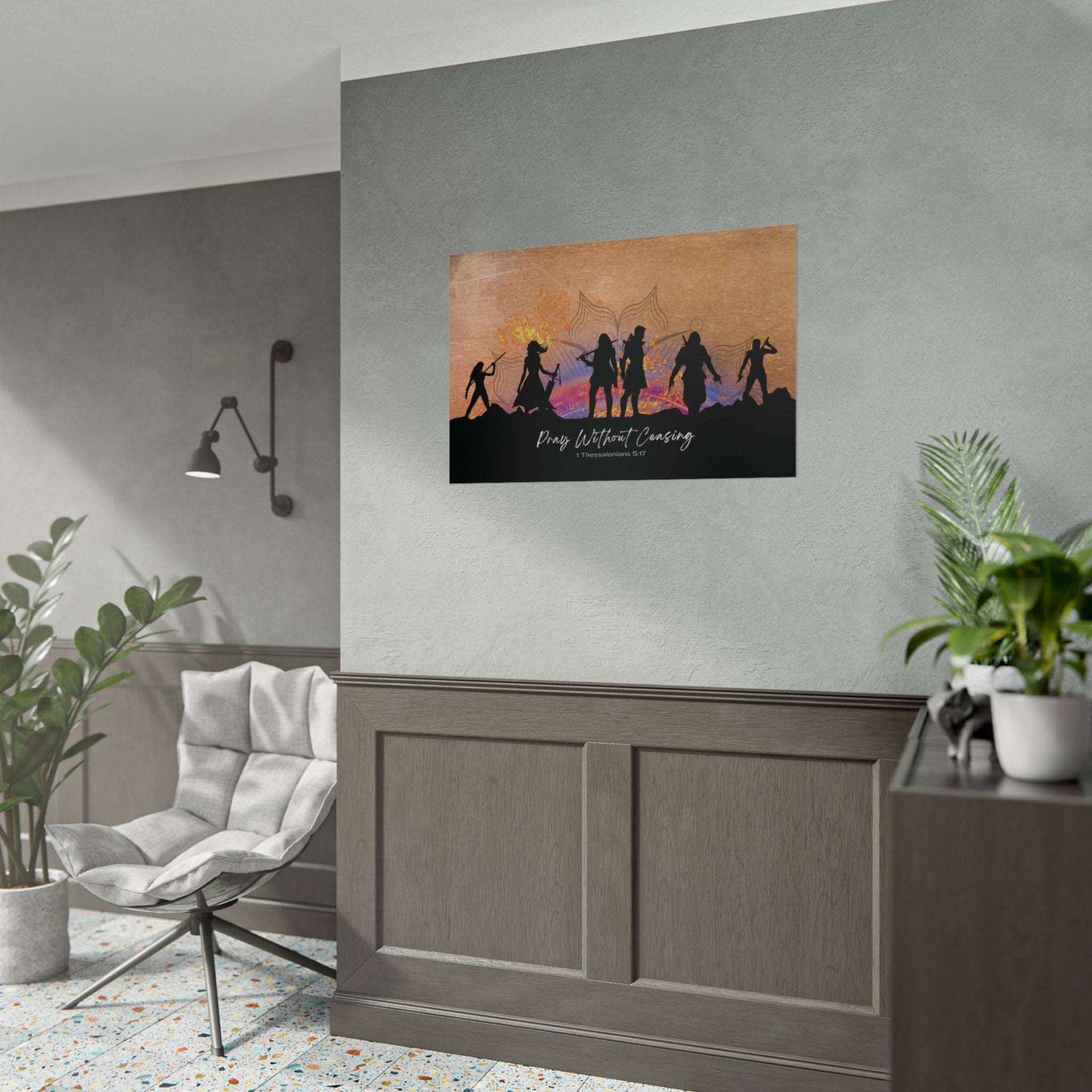 1 Thessalonians 5:17- 'Pray without Ceasing' Christian Art Poster 36 x 24 size example on wall in living room 