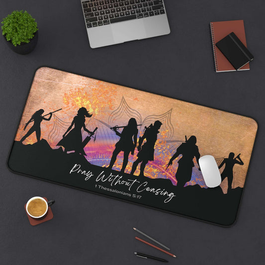 1 Thessalonians 5:17 - 'Pray without Ceasing' Christian Desk Mat 15.5 x 31 Top View in Use on Desk next to laptop and office utensils.