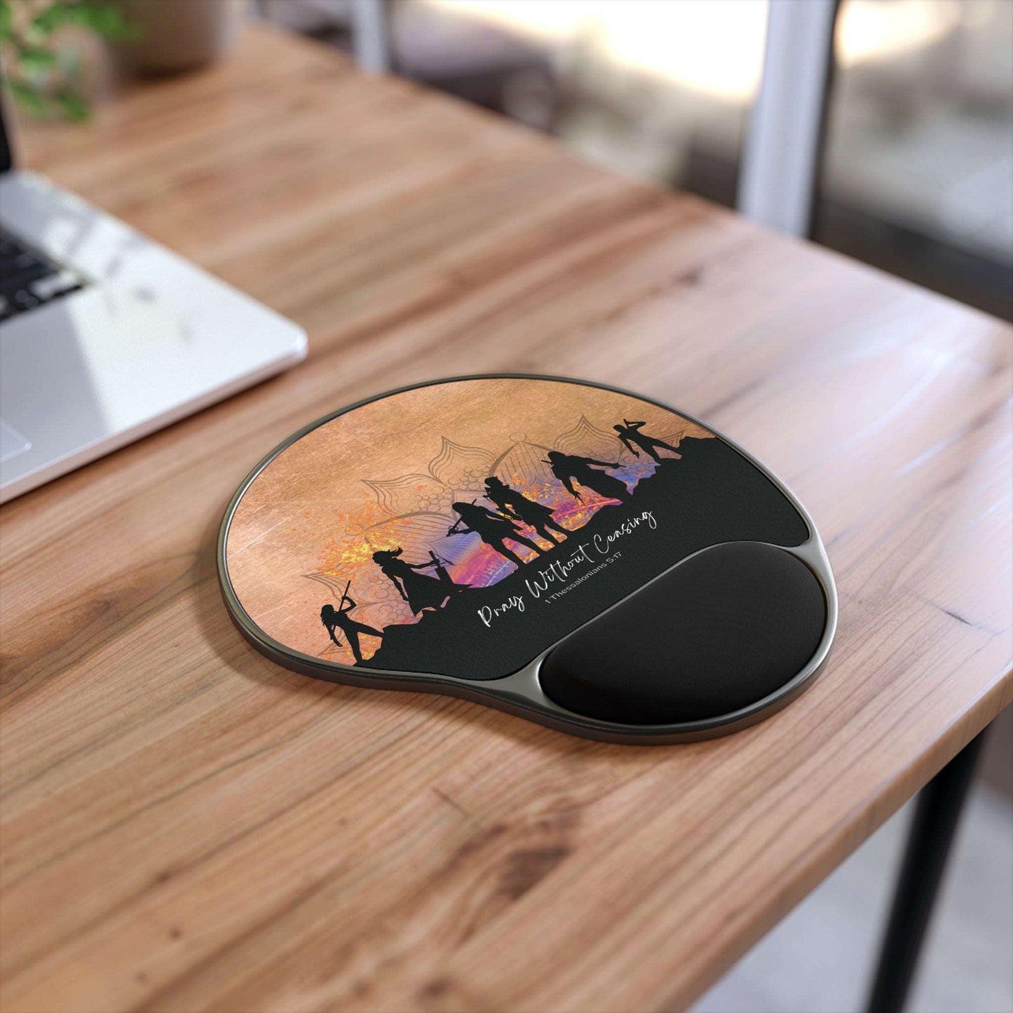 1 Thessalonians 5:17 - 'Pray without Ceasing' Scripture Mouse Pad angled view on desk near laptop. 