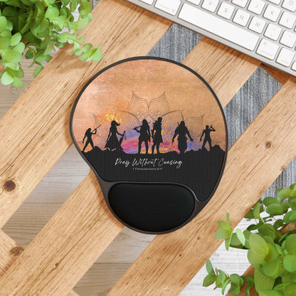 1 Thessalonians 5:17 - 'Pray without Ceasing' Scripture Mouse Pad Top View in Use on Desk next to keyboard on desk plants.