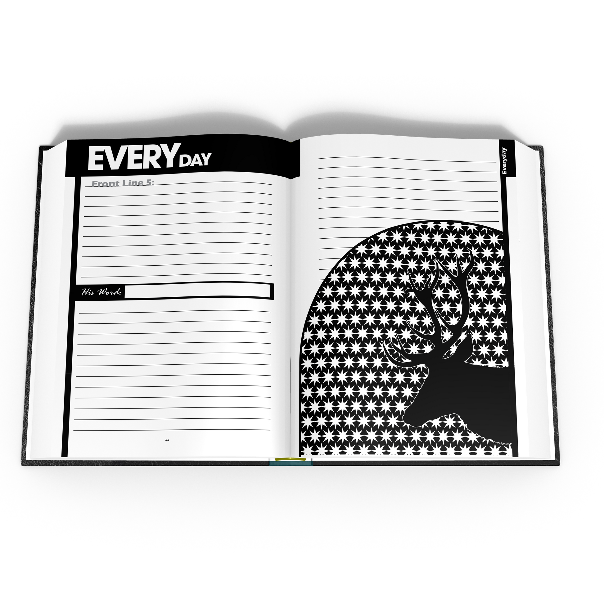 Open notebook with lined pages and a decorative habit tracker on a white background