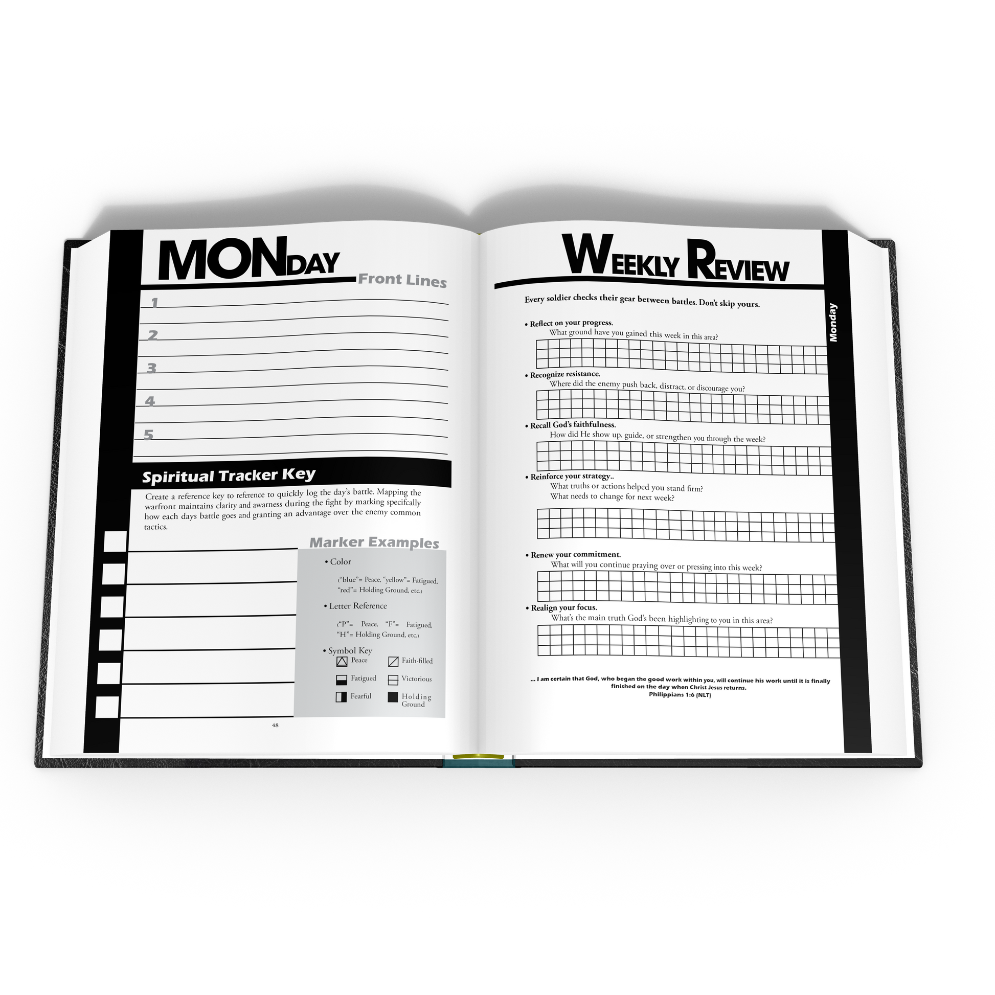 Open planner book showing weekly review and spiritual tracker pages on a white background