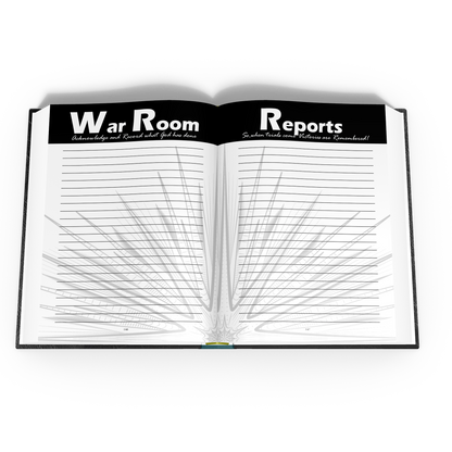 Open book titled 'War Room Reports' on a white background