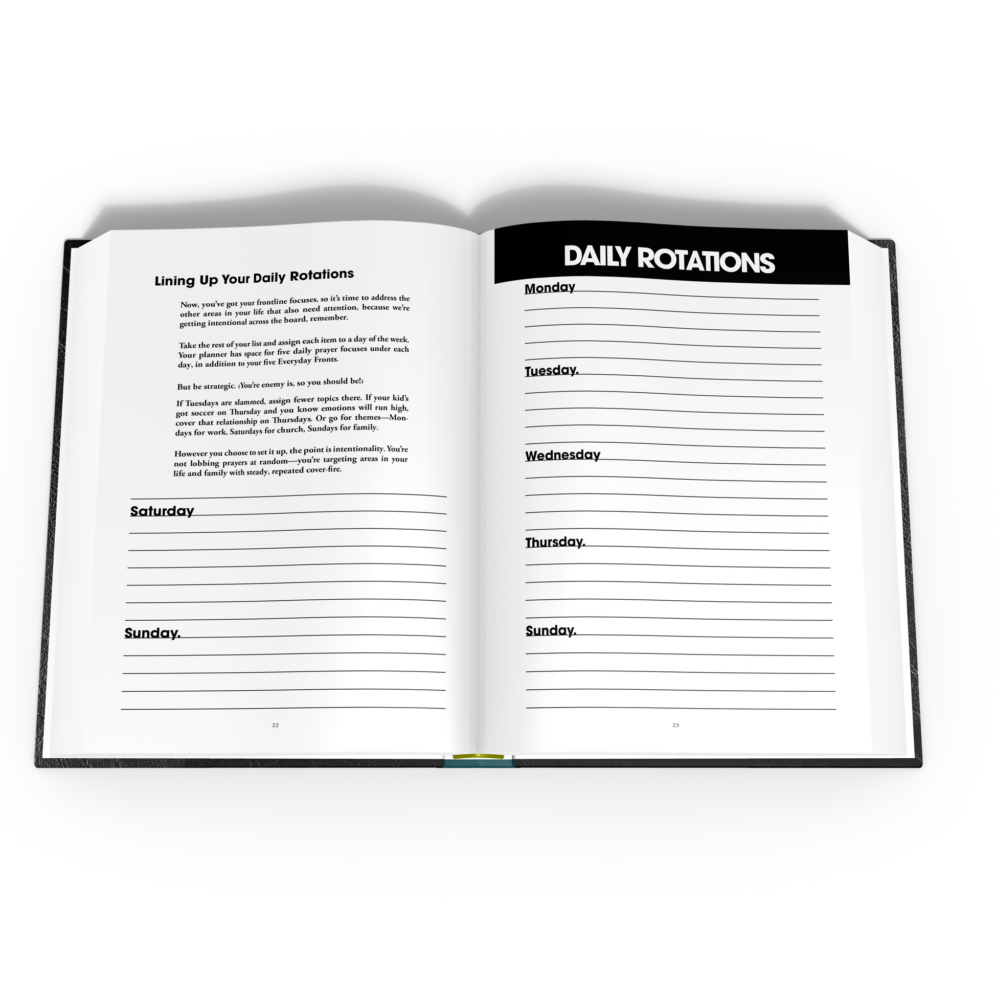 Open book showing a daily rotations schedule with days of the week.