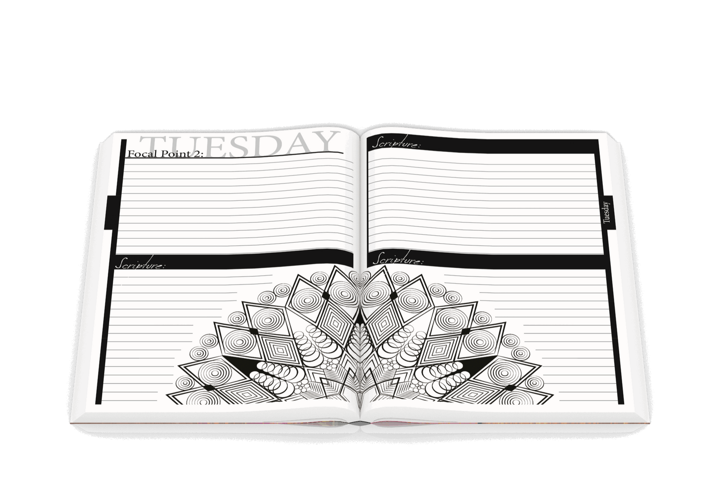 3D Book The Prayer Warrior's Journal open to Tuesday Focal Point #2 example.