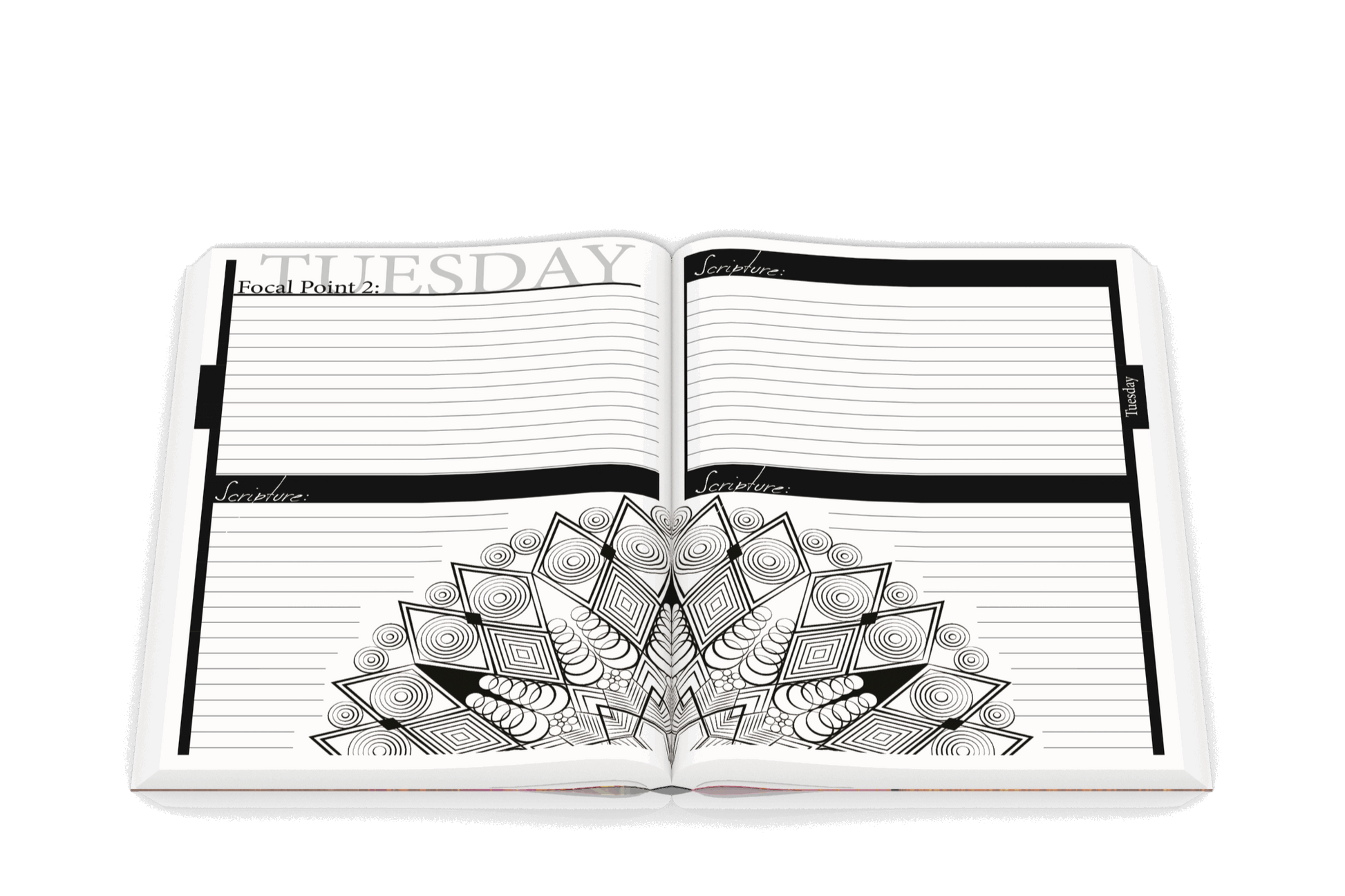 3D Book The Prayer Warrior's Journal open to Tuesday Focal Point #2 example.