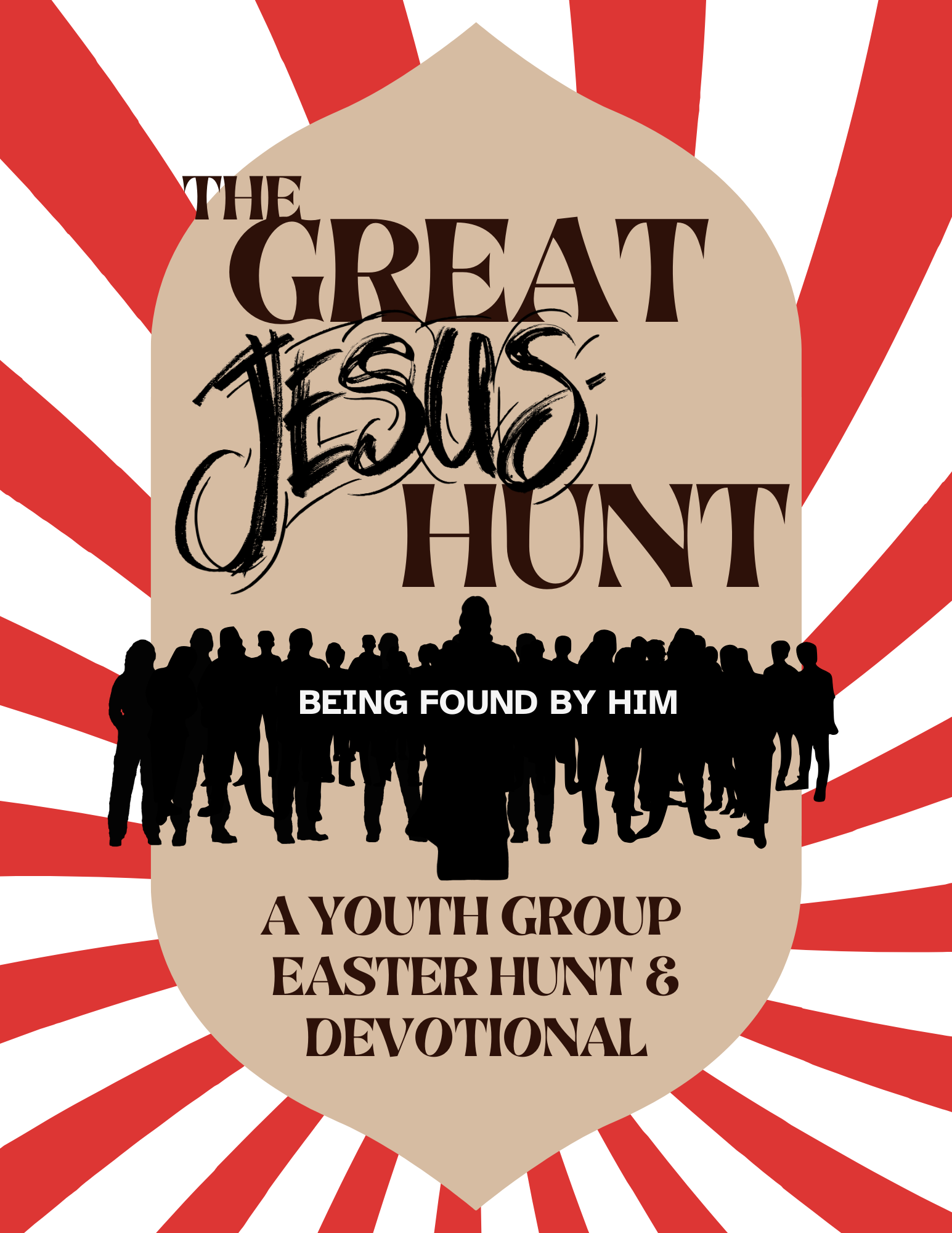 Promotional graphic for 'The Great Jesus Hunt' youth group Easter hunt and devotional with red and white background.