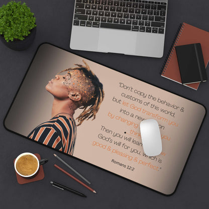 Romans 12:2 - 'Let God Transform You' Christian Desk Mat 12 x 22 Top View in Use on Desk next to laptop and office utensils
