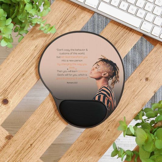 Romans 12:2 - 'Let God Transform You' Scripture Mouse Pad Top View in Use on Desk next to keyboard on desk plants.