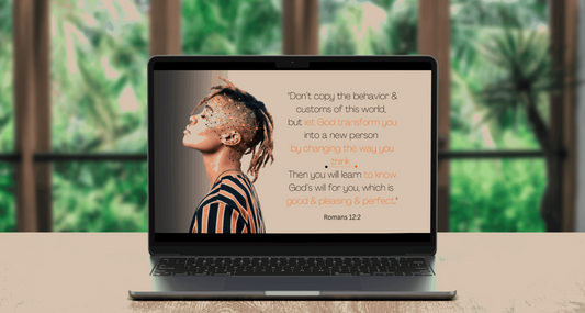 Romans 12:2 - "Let God Transform You" Scripture Wallpaper displayed on laptop
