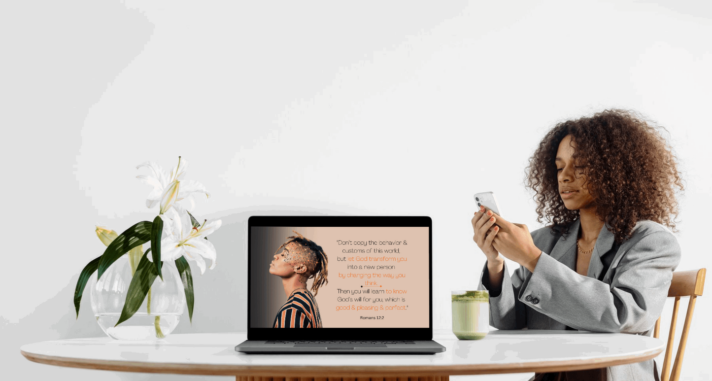 Romans 12:2 - "Let God Transform You" Scripture Wallpaper in Use as aesthetic bible verse backgrounds on a laptop, business woman nearby checking her phone