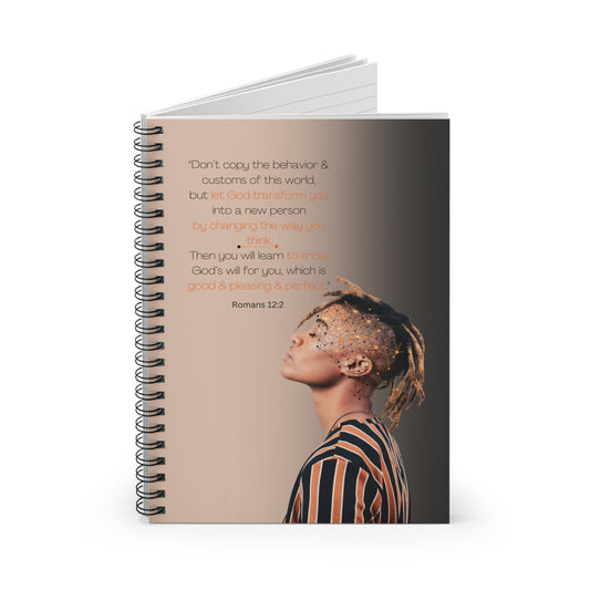 Romans 12:2 - 'Let God Transform You' Spiral Christian Journal Upright, slightly open, no background