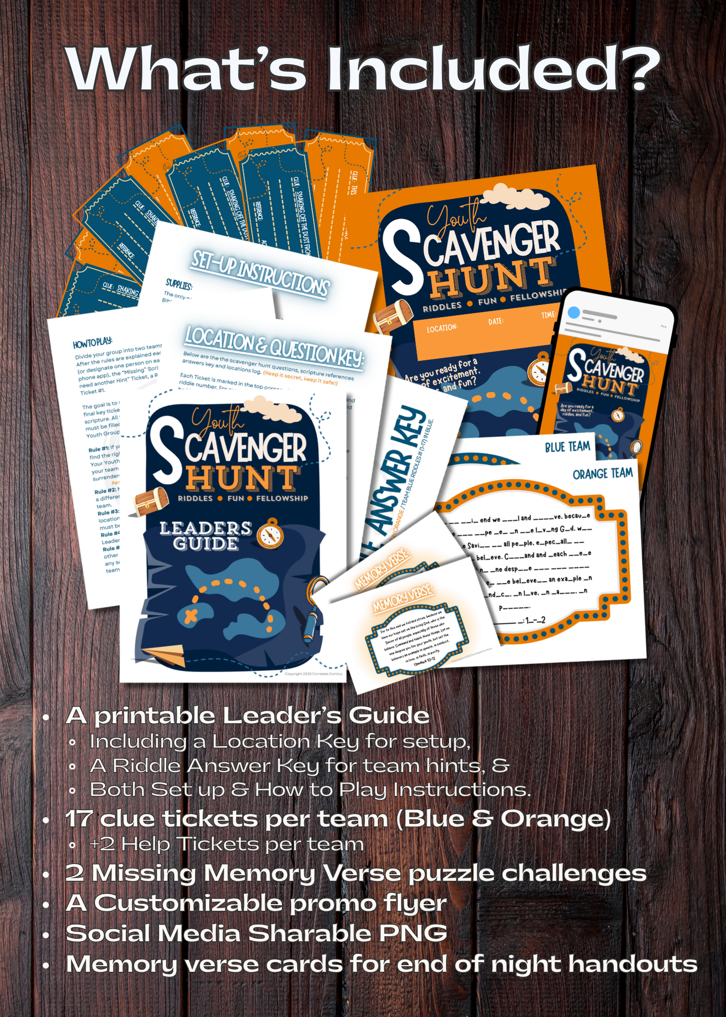 Scavenger Hunt kit with leader's guide, Bible Clue tickets, a customizable event poster, a social media shareable image, take-home memory verse cards, and the game's Missing Memory Verse puzzle sitting on a wooden background.