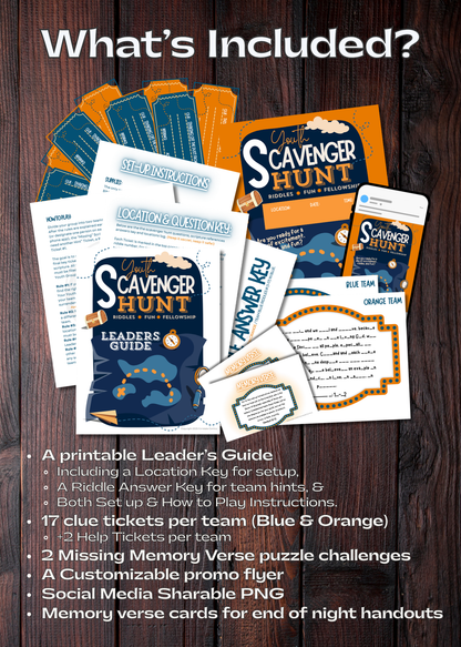 Scavenger Hunt kit with leader's guide, Bible Clue tickets, a customizable event poster, a social media shareable image, take-home memory verse cards, and the game's Missing Memory Verse puzzle sitting on a wooden background.
