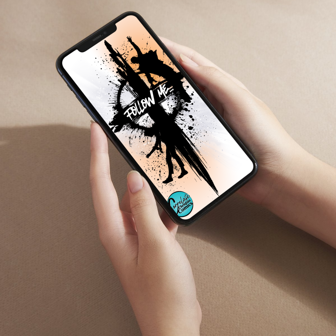 White female hands holding smartphone featuring Christian phone wallpaper with a bold cross and “Follow Me” Matthew 16:24–26 design on lockscreen.
