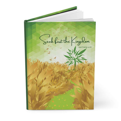 Matthew 6:33- 'Seek first the Kingdom' Hardcover Christian Journal Upright, slightly open, no background