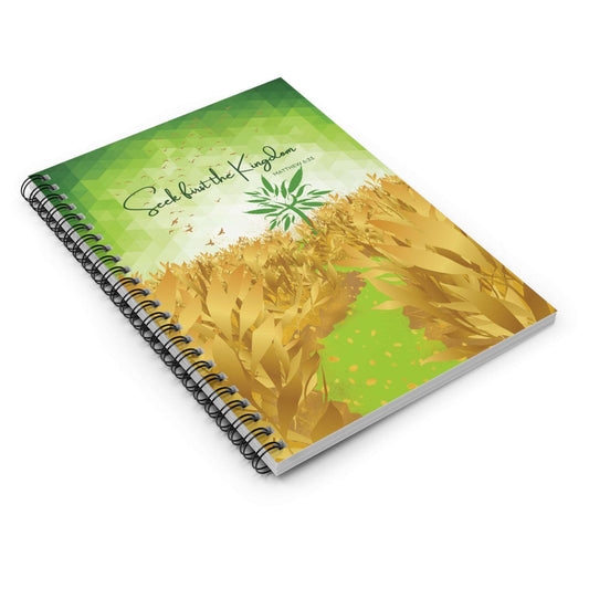 Matthew 6:33- 'Seek first the Kingdom' Spiral Christian Journal Laying Flat Front Cover, no background